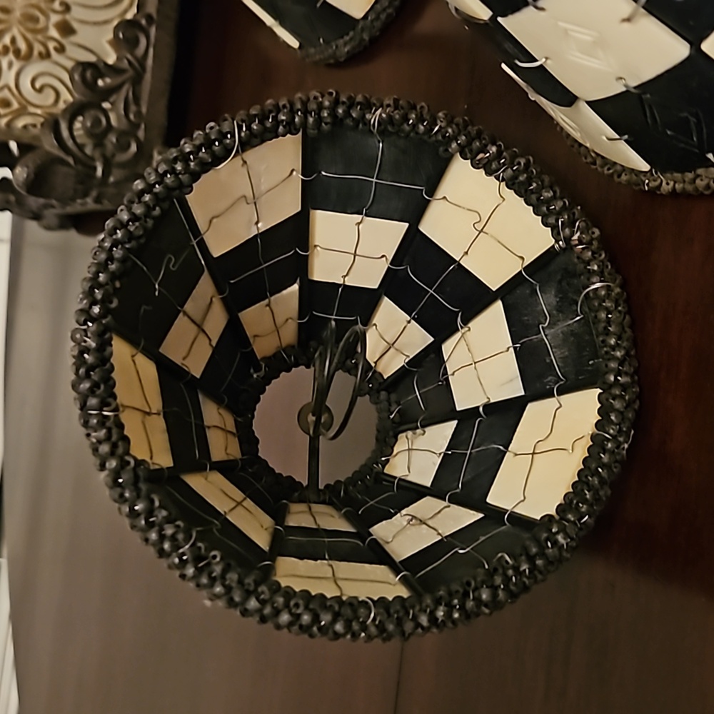 Carved bone lamp shades w/wood beaded trim. clip on. Black and cream. - Picture 2 of 3